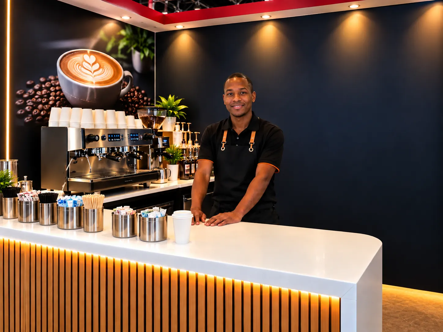 Barista behind a mobile coffee bar with an espresso machine and takeaway cups