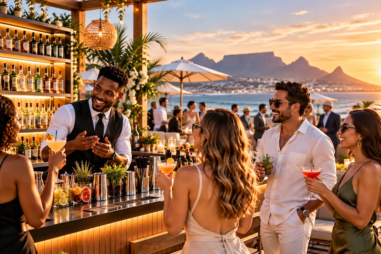 Sunset cocktails overlooking the Cape Town coastline and Table Mountain