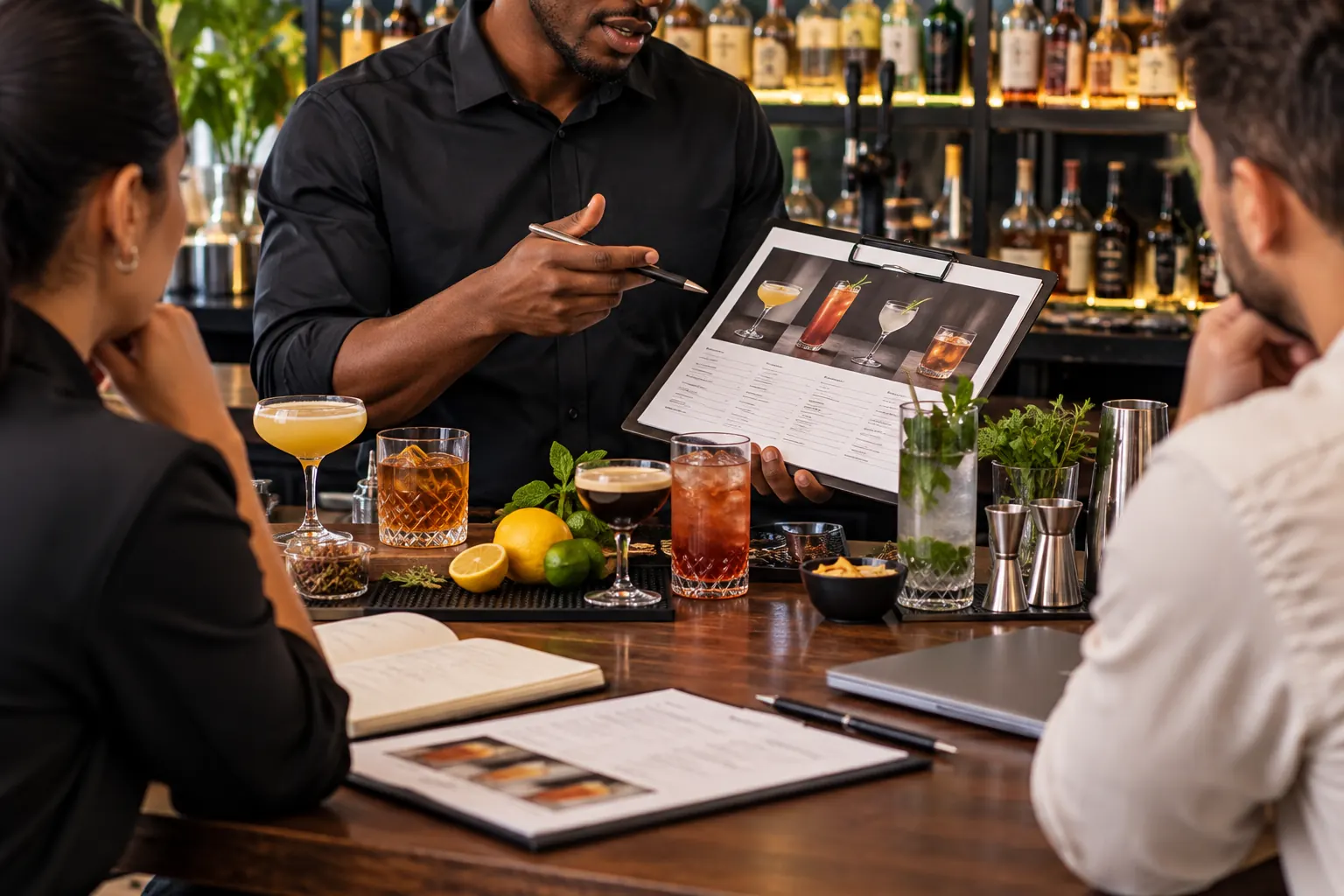 Bartender presenting a cocktail menu to two clients during a beverage consultation at a bar