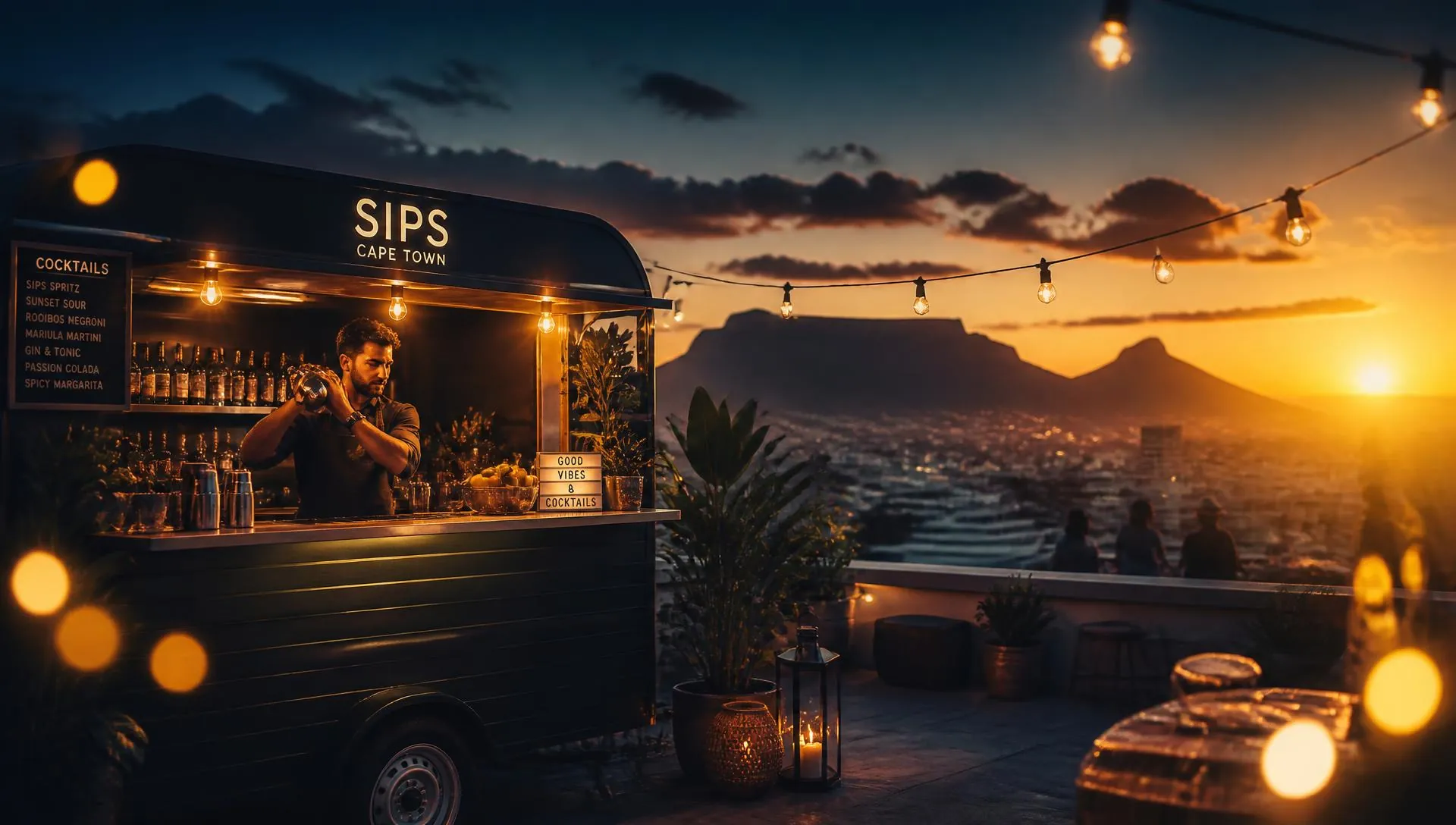Mobile bar on a Cape Town rooftop at sunset